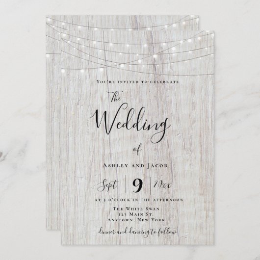 Rustic Boho Wood String Lights Wedding Invitations Kaart (Voorkant / Achterkant)