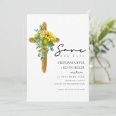 Rustic Boho Wood Sunflower Greenery Cross Wedding Save The Date (Staand voorkant)