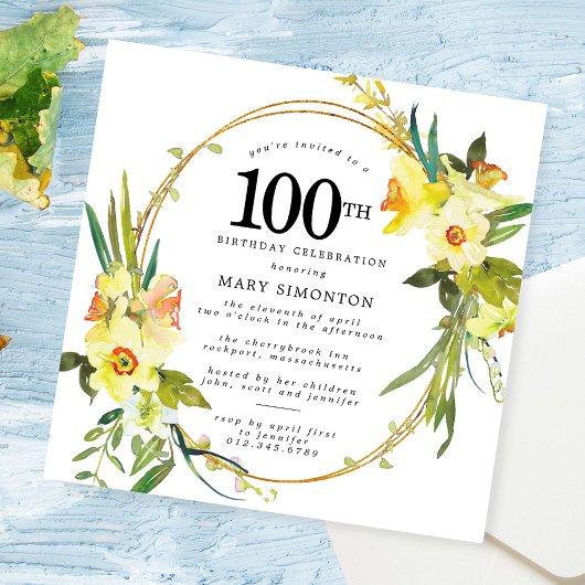 Rustic Boho Yellow Daffodil 100th Birthday Kaart