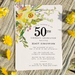 Rustic Boho Yellow Daffodil 50th Birthday Kaart<br><div class="desc">Een mooie voorjaarsflorale regeling biedt gele en witte kleefstoffen. De geassorteerde groenery en daffodil stammen geven het moderne Boho vibe. De achterkant van de vijftigste verjaardagsuitnodiging is fel zonnig geel. Ideale keuze voor een voorjaarsfeestje.</div>