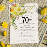 Rustic Boho Yellow Daffodil 70th Birthday Kaart<br><div class="desc">Een prachtige lentepflorale constructie is voorzien van gele en witte daffodils die een bijtend lijst versieren. De geassorteerde groenery en daffodil stammen geven het moderne Boho vibe. De achterkant van de 70ste verjaardagsuitnodiging is fel zonnig geel. Ideale keuze voor een lentesjarig feestje.</div>