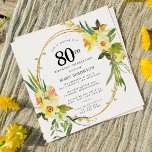 Rustic Boho Yellow Daffodil 80th Birthday Kaart<br><div class="desc">Een prachtige lentepflorale constructie is voorzien van gele en witte daffodils die een bijtend lijst versieren. De geassorteerde groenery en daffodil stammen geven het moderne Boho vibe. De achterkant van de 80ste verjaardagsuitnodiging is fel zonnig geel. Ideale keuze voor een lentesjarig feestje.</div>