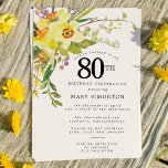 Rustic Boho Yellow Daffodil 80th Birthday Kaart<br><div class="desc">Een prachtige lentepflorale constructie is voorzien van gele en witte daffodils die een bijtend lijst versieren. De geassorteerde groenery en daffodil stammen geven het moderne Boho vibe. De achterkant van de 80ste verjaardagsuitnodiging is fel zonnig geel. Ideale keuze voor een lentesjarig feestje.</div>