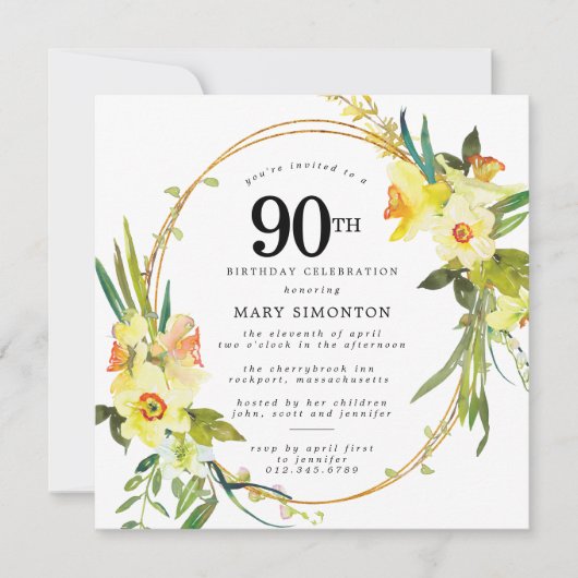Rustic Boho Yellow Daffodil 90th Birthday Kaart (Voorkant)