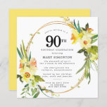 Rustic Boho Yellow Daffodil 90th Birthday Kaart<br><div class="desc">Een prachtige lentepflorale constructie is voorzien van gele en witte daffodils die een bijtend lijst versieren. De geassorteerde groenery en daffodil stammen geven het moderne Boho vibe. De achterkant van de 90ste verjaardagsuitnodiging is fel zonnig geel. Ideale keuze voor een lentesjarig feestje.</div>