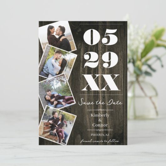 Rustic Bold Vier Foto Save the Date | Natuurlijk (Staand voorkant)