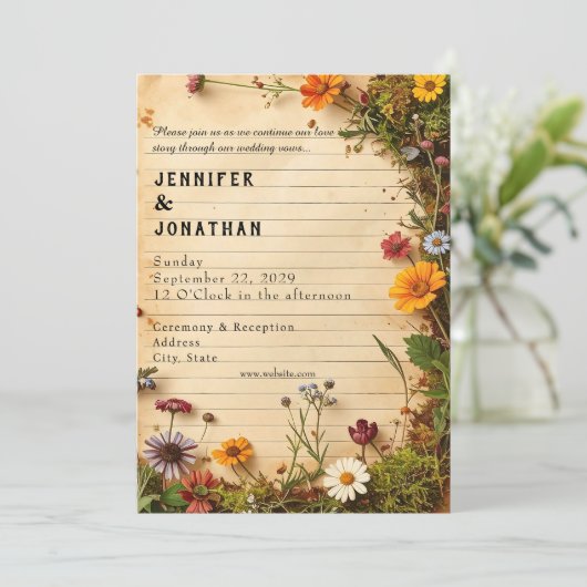Rustic Book Lovers Print Floral Wedding Invitation Kaart (Staand voorkant)
