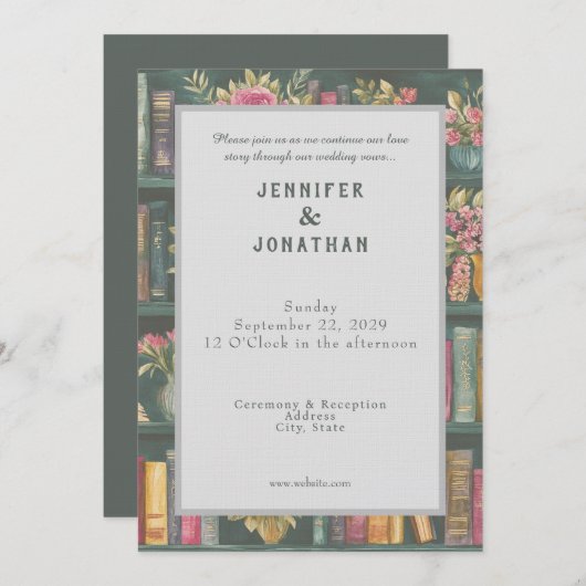 Rustic Book Lovers Print Floral Wedding Invitation Kaart (Voorkant / Achterkant)