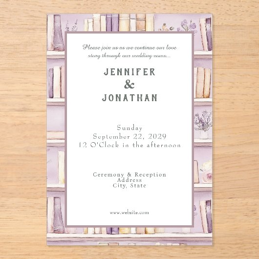 Rustic Book Lovers Print Wedding Invitation Acryl Uitnodigingen (Voorkant)