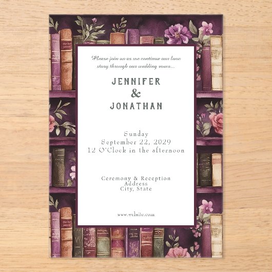 Rustic Book Lovers Print Wedding Invitation Acryl Uitnodigingen (Voorkant)