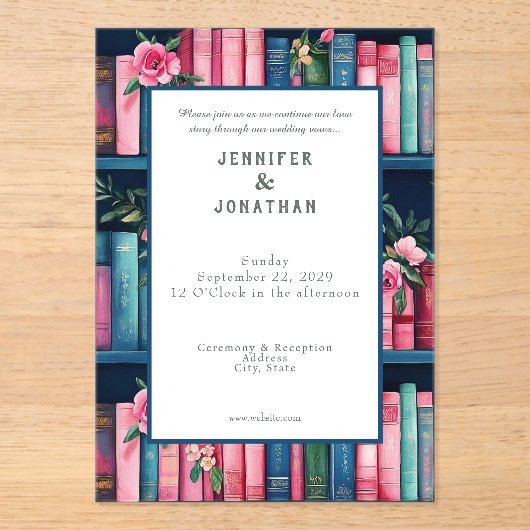 Rustic Book Lovers Print Wedding Invitation Acryl Uitnodigingen (Voorkant)