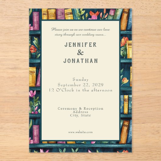 Rustic Book Lovers Print Wedding Invitation Acryl Uitnodigingen (Voorkant)