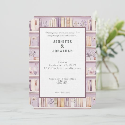 Rustic Book Lovers Print Wedding Invitation Kaart (Staand voorkant)
