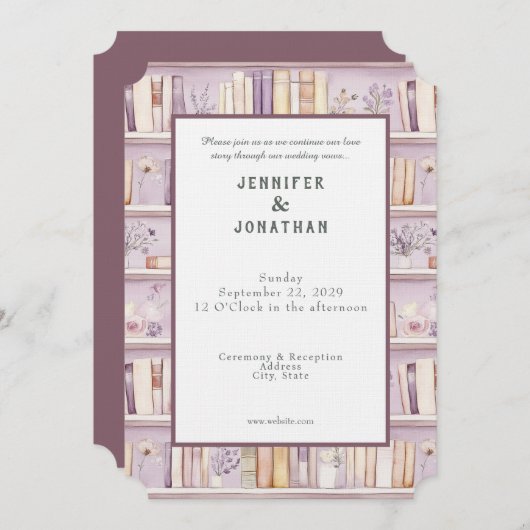 Rustic Book Lovers Print Wedding Invitation Kaart (Voorkant / Achterkant)