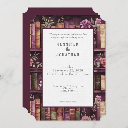 Rustic Book Lovers Print Wedding Invitation Kaart (Voorkant / Achterkant)
