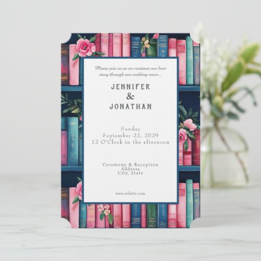 Rustic Book Lovers Print Wedding Invitation Kaart (Staand voorkant)