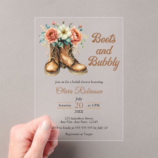 Rustic Boots and Bubbly Western Bridal Shower  Acryl Uitnodigingen (Insitu (Draagbaar))