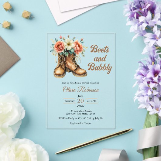 Rustic Boots and Bubbly Western Bridal Shower Acryl Uitnodigingen (Insitu (Huwelijk))