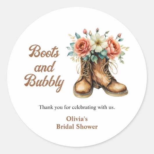 Rustic Boots and Bubbly Western Bridal Shower Ronde Sticker (Voorkant)