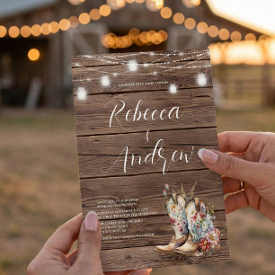 Rustic Boots Cowboy Cowgirl Floral Lights Wedding Kaart