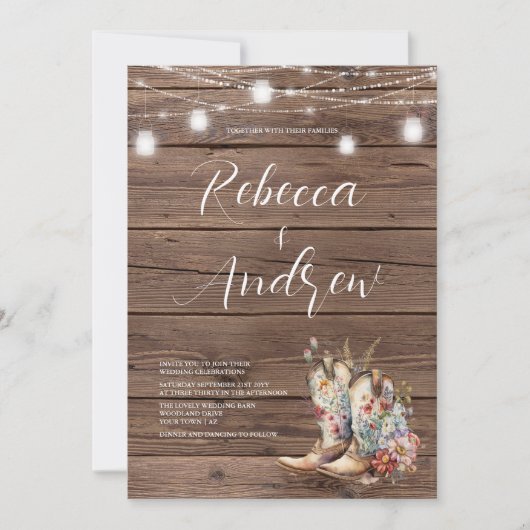 Rustic Boots Cowboy Cowgirl Floral Lights Wedding Kaart (Voorkant)