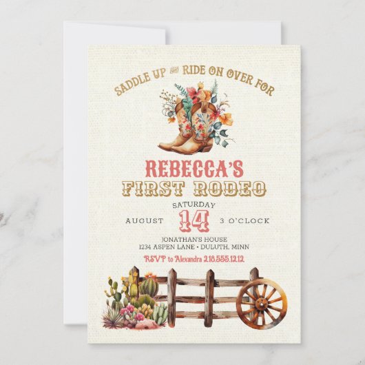 Rustic Boots Cowgirl 1ste Rodeo Birthday Uitnodigi Kaart (Voorkant)