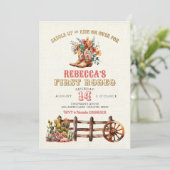 Rustic Boots Cowgirl 1ste Rodeo Birthday Uitnodigi Kaart (Staand voorkant)