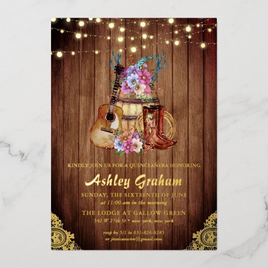 Rustic Boots Cowgirl Quinceañera 15e verjaardag In Folie Uitnodiging (Voorkant)
