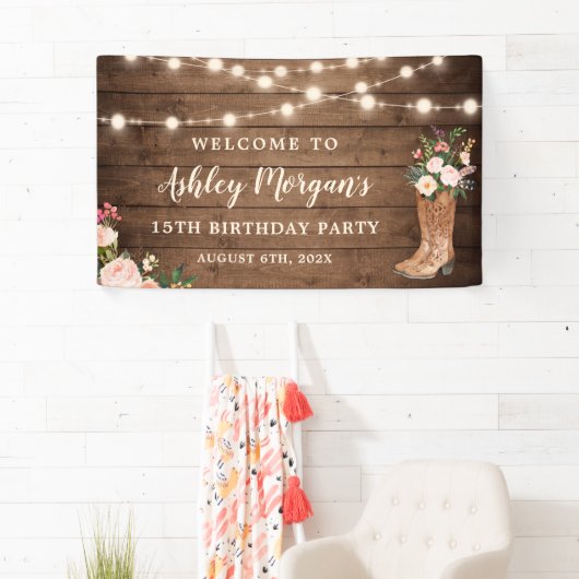 Rustic Boots Cowgirl String Lights Birthday Party Spandoek (Insitu)