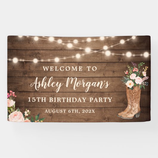 Rustic Boots Cowgirl String Lights Birthday Party Spandoek (Horizontaal)