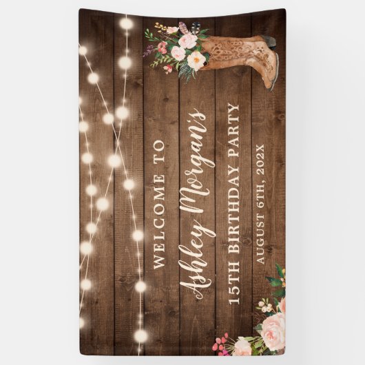 Rustic Boots Cowgirl String Lights Birthday Party Spandoek (Verticaal)