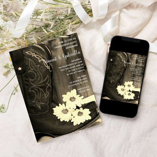 Rustic Boots Daisy Western Engagement Party Sepia Kaart