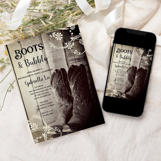 Rustic Boots en Bubble Western Bachelorette Party Kaart