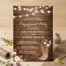 Rustic Boots Floral String Lights Engagement Party Kaart