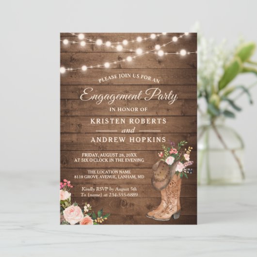Rustic Boots Floral String Lights Engagement Party Kaart (Staand voorkant)
