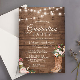 Rustic Boots Floral String Lights Graduparty Kaart