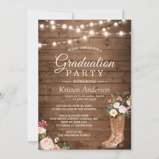 Rustic Boots Floral String Lights Graduparty Kaart (Voorkant)