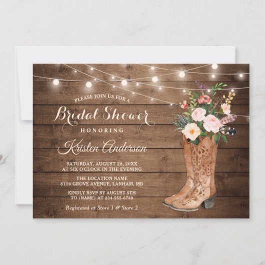 Rustic Boots Floral String Lights Vrijgezellenfees Kaart (Voorkant)