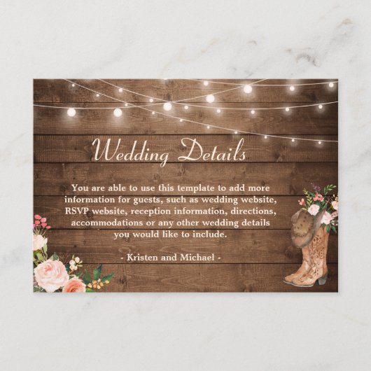 Rustic Boots Floral String Lights Wedding Details Informatiekaartje (Voorkant)