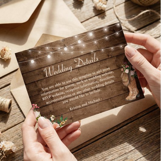 Rustic Boots Floral String Lights Wedding Details Informatiekaartje