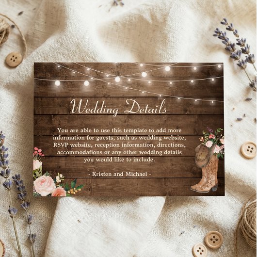 Rustic Boots Floral String Lights Wedding Details Informatiekaartje