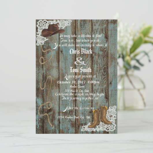 Rustic Boots & Lace Wedding Invite Kaart (Staand voorkant)