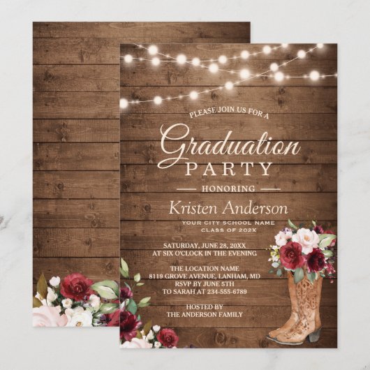 Rustic Boots Red Roses Floral Gradual Party Kaart (Voorkant / Achterkant)