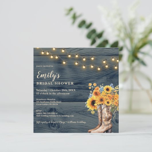 Rustic Boots Sunflower Bruids Douche Uitnodiging (Staand voorkant)