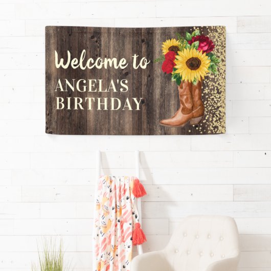 Rustic Boots Sunflower Red Roses Birthday Welkom Spandoek (Insitu)