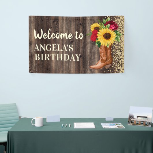 Rustic Boots Sunflower Red Roses Birthday Welkom Spandoek (Beurs)