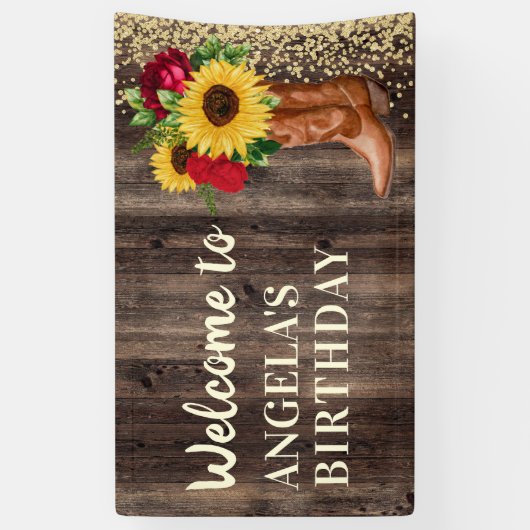 Rustic Boots Sunflower Red Roses Birthday Welkom Spandoek (Verticaal)
