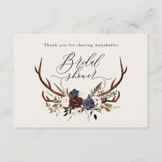 Rustic bordeaux marine bloemig bruidsfeest bedankt informatiekaartje (Voorkant)