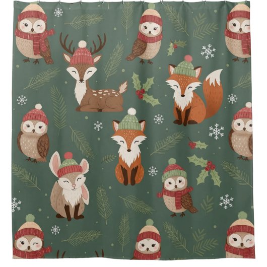 Rustic Bos Christmas Dierenpatroon Douchegordijn (Voorkant)