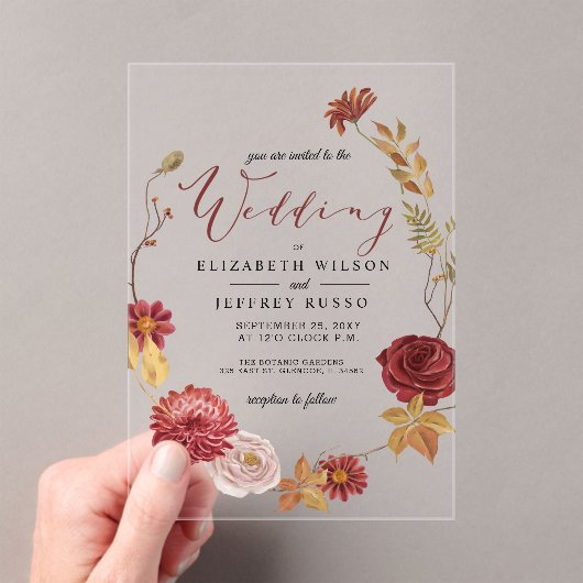 Rustic Botanical Autumn Fall Wedding Acryl Uitnodigingen (Insitu (Draagbaar))